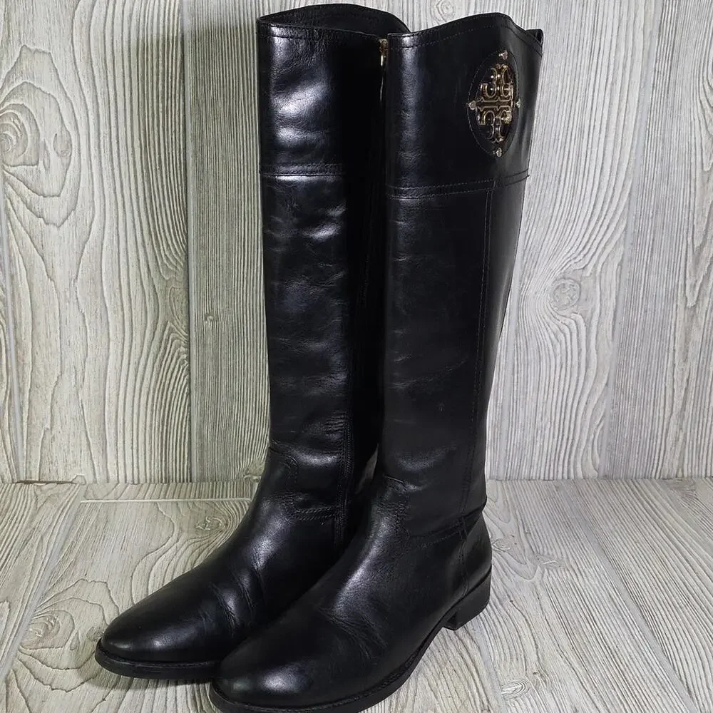 Tory Burch Kiernan Black Leather Riding Boots With Gold  Tone Logo Womens Size 8